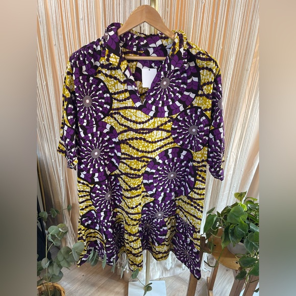 Vintage African Wax Print Tunic dress - Purple Yellow Spiral Pattern - Picture 3 of 4